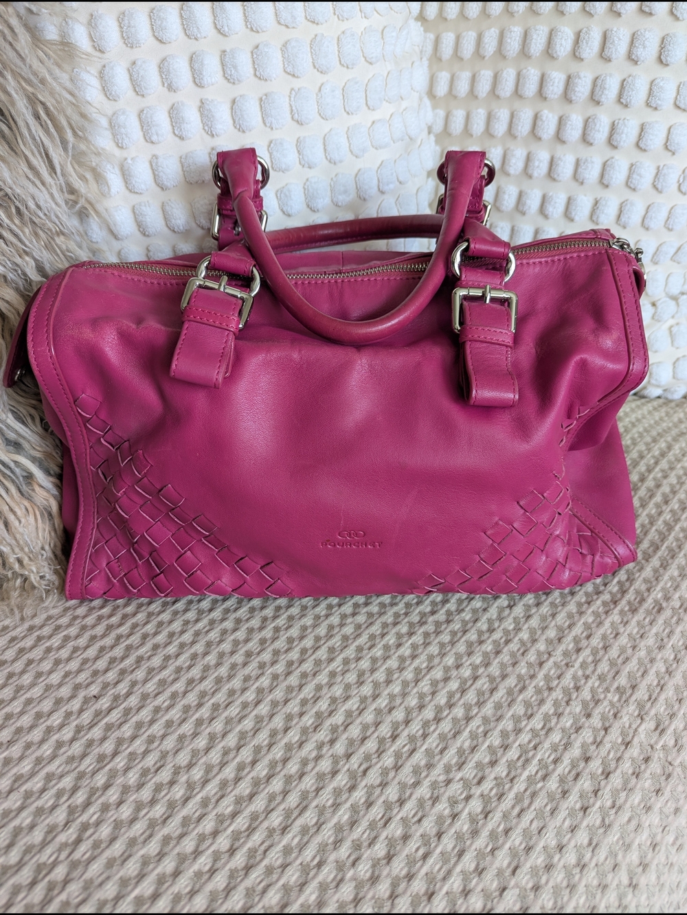 Pourchet Pink Leather Woven-Trim Satchel